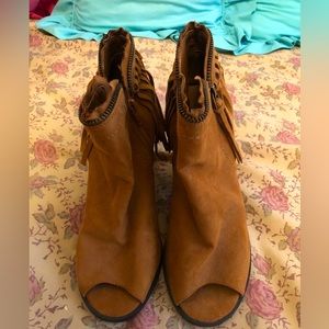 Brown suede peep toe booties with fringe